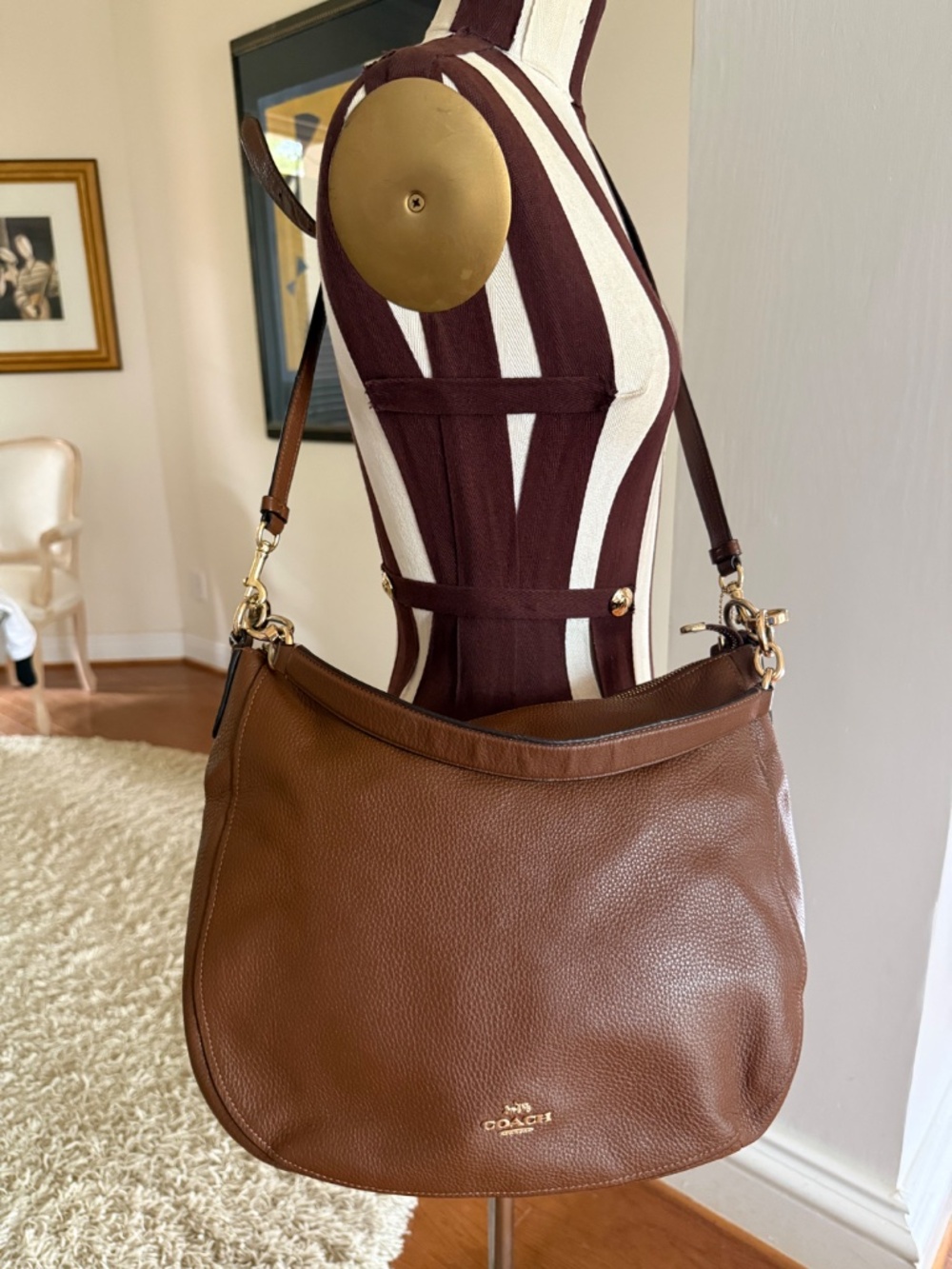 Coach Elle Slouchy Hobo Saddle Bag Brown Pebbled Leather Gold Hardware F31399 - Picture 3 of 15